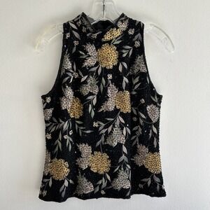 JKARA Black Gold Beaded Halter Neck Evening Sleeveless Top Sz S Art Nouveau Glam
